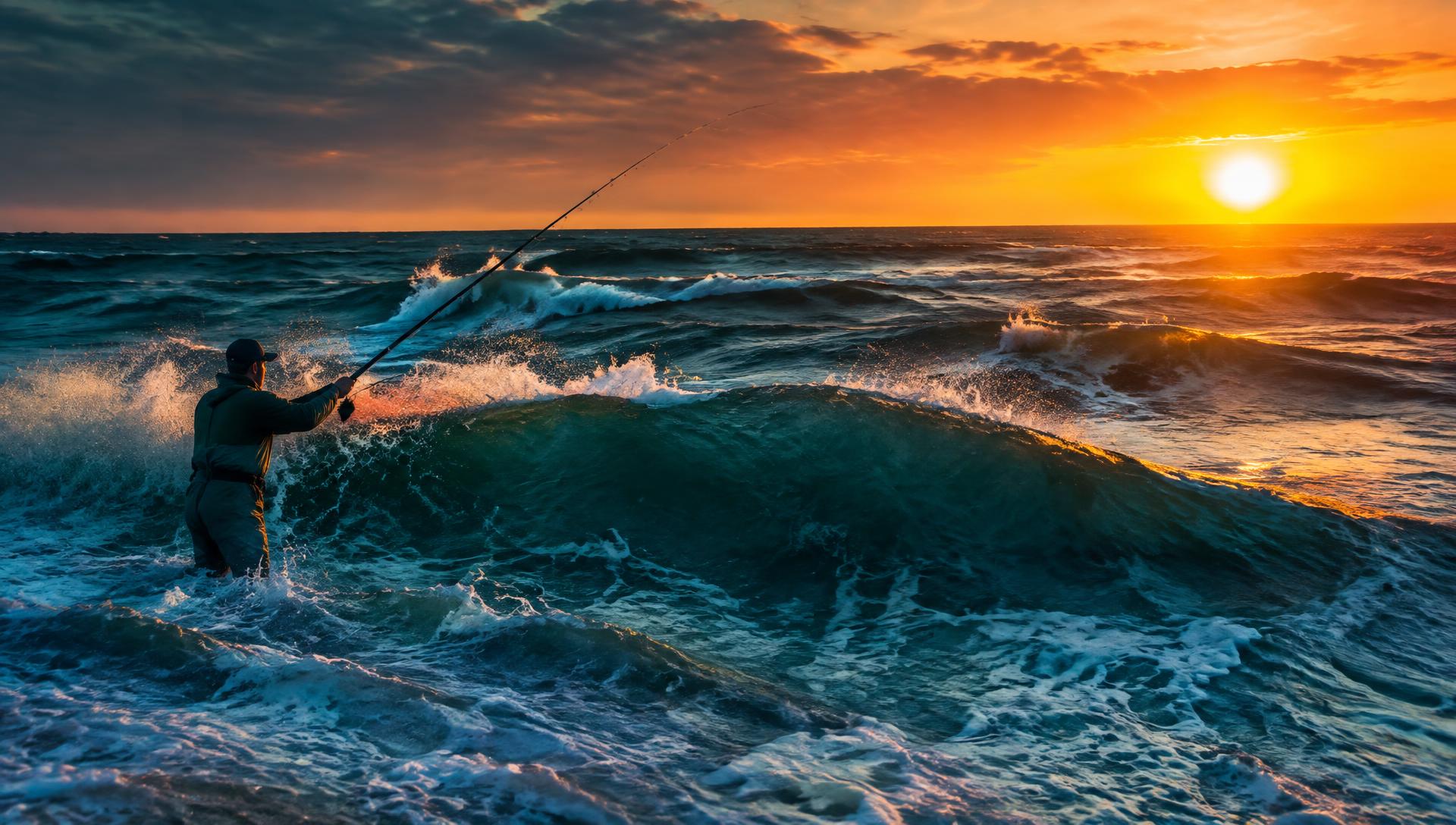 Surf fisherman casting into the Atlantic at sunrise